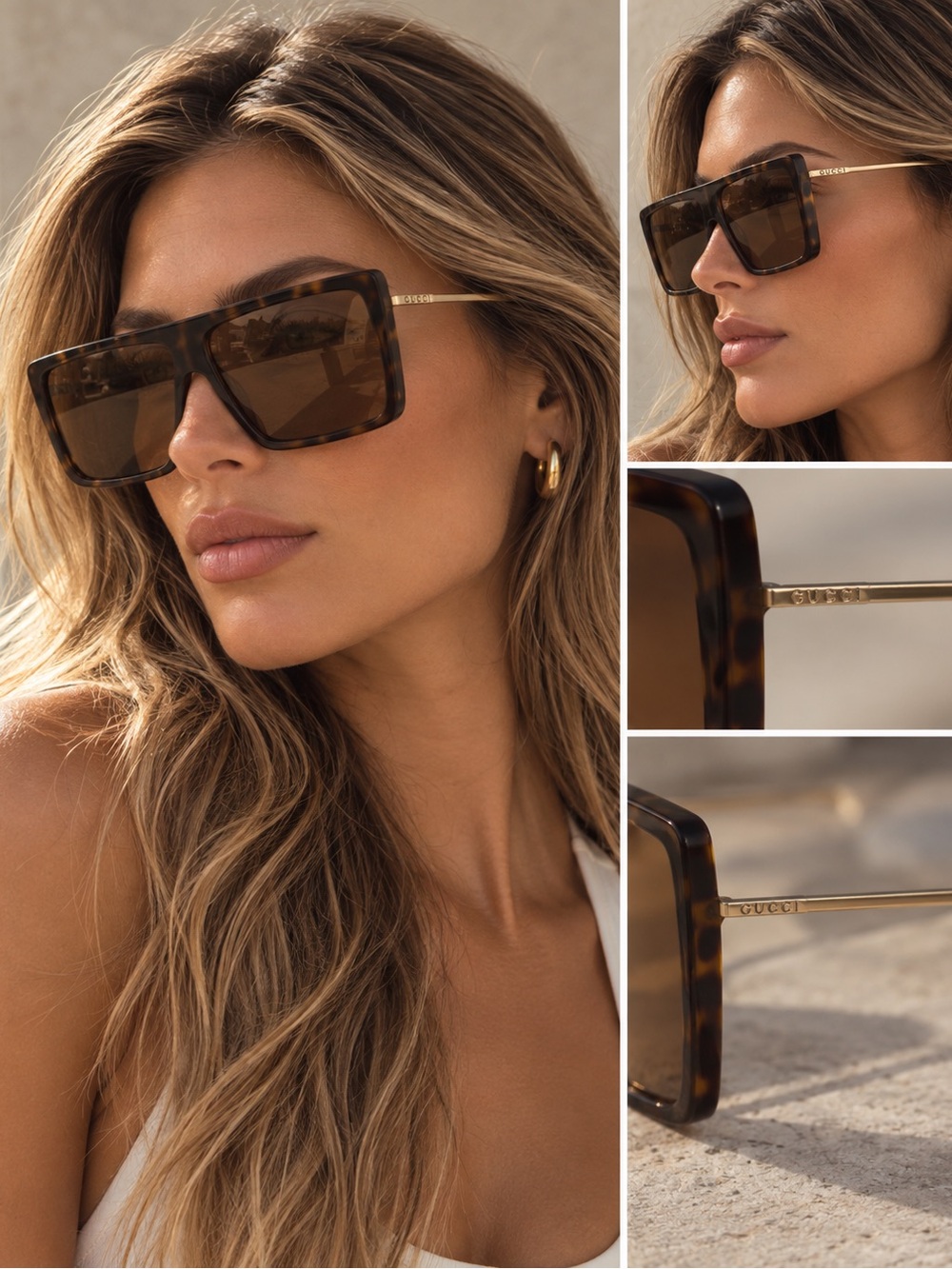 Gucci Brown Tortoiseshell Oversized Square Sunglasses with Gold Arms